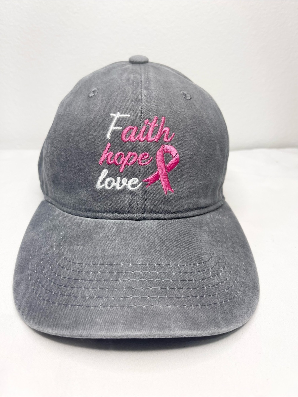 Faith Hope Love Pink Ribbon Embroidered Baseball Cap - Gray